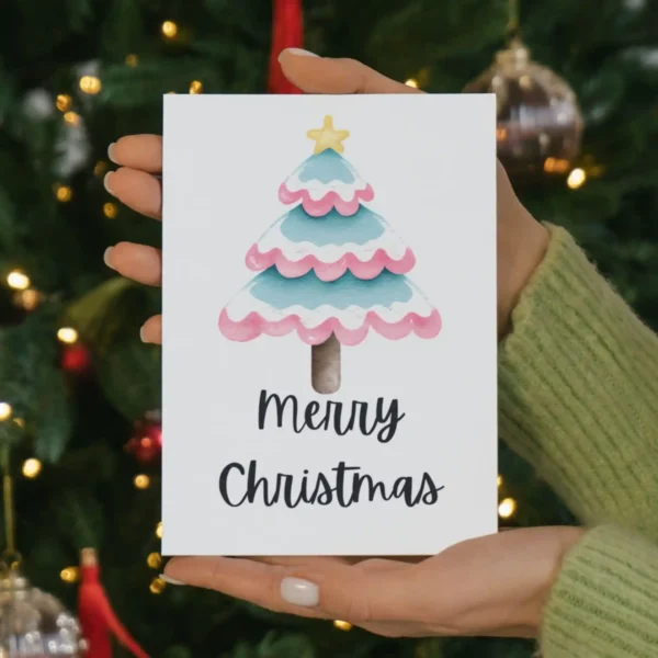 Festive transgender card with a pink and blue watercolor Christmas tree, designed to spread joy and inclusivity during the holidays.