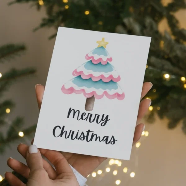 Merry Christmas card featuring a watercolor transgender tree in pink, blue, and white, celebrating inclusivity and joy.