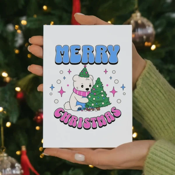 Festive polar bear card for Christmas, highlighting Transgender pride in a fun and colorful design.