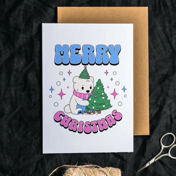 Cheerful polar bear on a Christmas card, celebrating the holiday with a message of Transgender inclusivity.