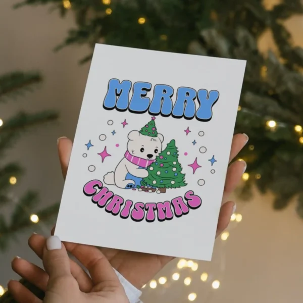 Printable Christmas card with a happy polar bear, embracing Transgender pride in a festive holiday theme.
