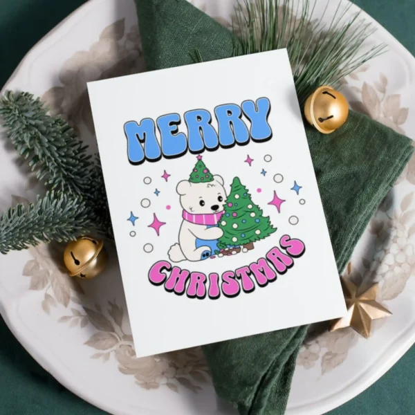 Merry Christmas card showcasing a joyful polar bear, designed for Transgender inclusivity and holiday cheer.
