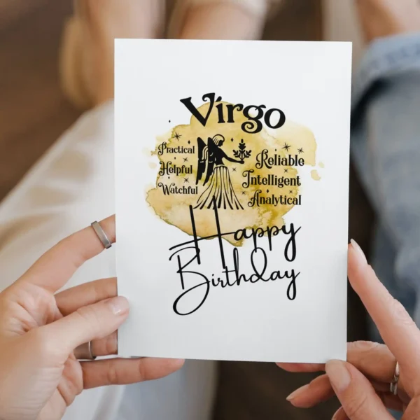 Happy birthday card for Virgo with traits listed, set against a cheerful yellow watercolor background.