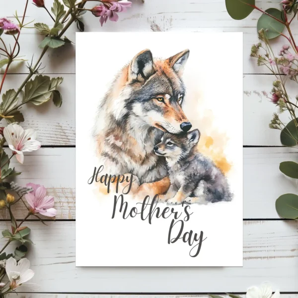 Printable Mother's Day card showcasing a watercolor wolf mother with her pup, radiating happiness and affection.