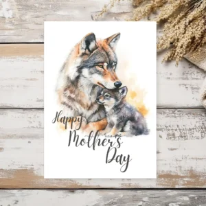 Watercolor illustration of a wolf mother and her pup on a Mother's Day card, conveying warmth and love.