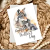 A charming watercolor card depicting a wolf mother and her pup, perfect for expressing Mother's Day sentiments.