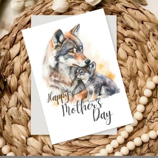 A charming watercolor card depicting a wolf mother and her pup, perfect for expressing Mother's Day sentiments.