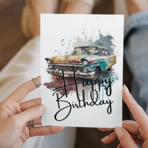 Vintage yellow birthday card featuring a watercolor retro car, perfect for celebrating Dad's special day.