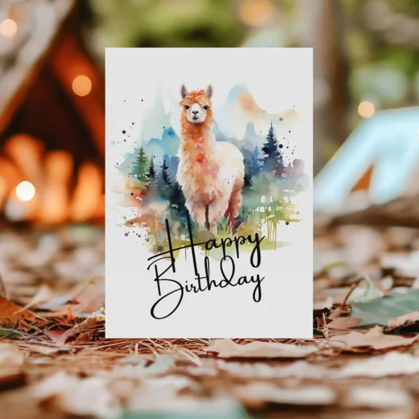 Printable Alpaca birthday card, watercolor drawing with happy birthday message.