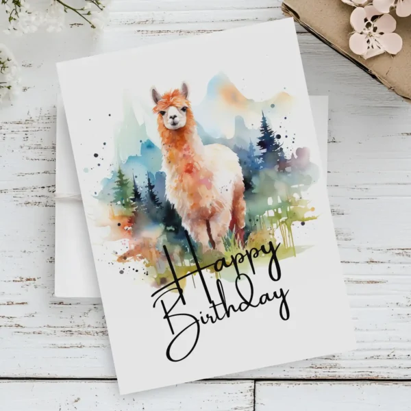 Cute alpaca birthday card featuring a joyful alpaca, perfect for adding cheer to any birthday celebration.