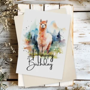 Colorful birthday card featuring a watercolor alpaca, perfect for celebrating a special day.