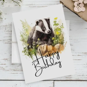 Watercolor badger birthday card in a natural setting with a cheerful "Happy Birthday" message.