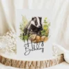 Printable birthday card featuring a badger in a watercolor style, set in nature with "Happy Birthday" text.