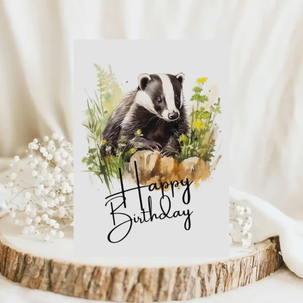Printable birthday card featuring a badger in a watercolor style, set in nature with "Happy Birthday" text.