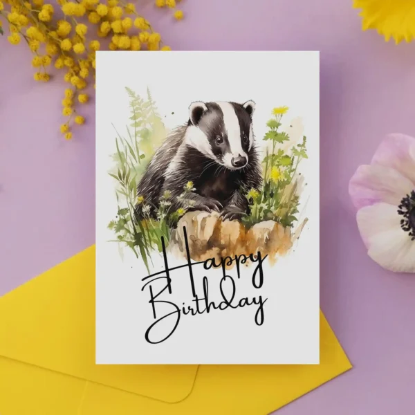 Charming watercolor badger birthday card, showcasing a natural scene and a festive "Happy Birthday" greeting.