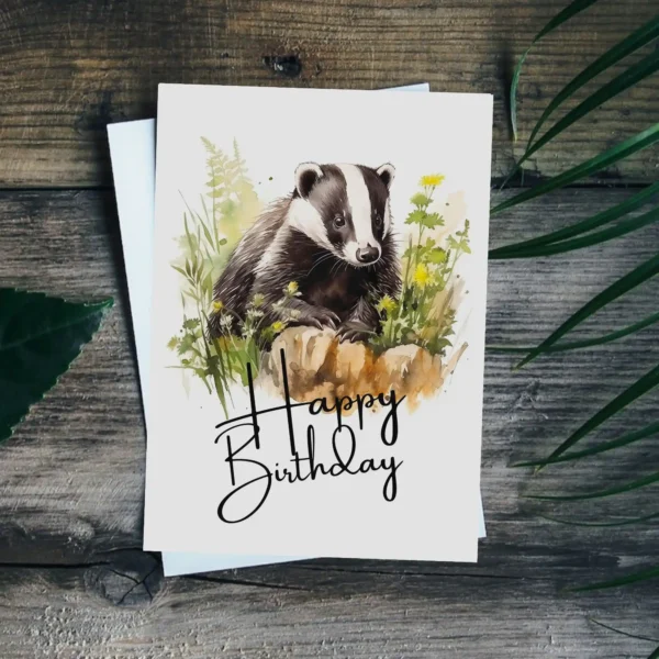 Badger birthday card illustrated in watercolor, set outdoors with a joyful "Happy Birthday" message.
