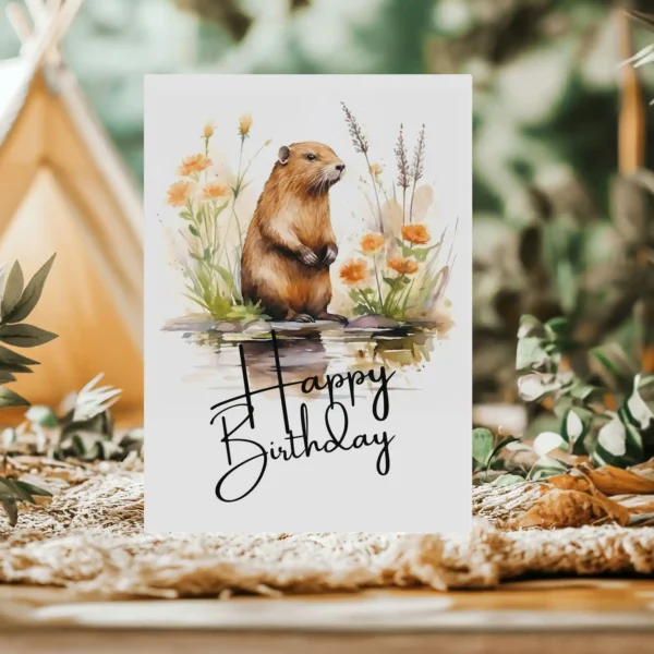 Colorful birthday card with a joyful beaver in a natural scene, adorned with a "Happy Birthday" greeting.