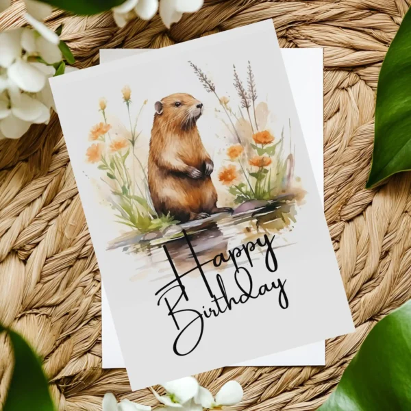 Charming birthday card depicting a happy beaver in a watercolor environment, complete with a "Happy Birthday" wish.