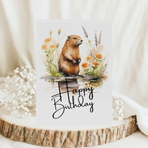 Happy birthday card featuring a cheerful beaver in a watercolor natural setting with a festive message.