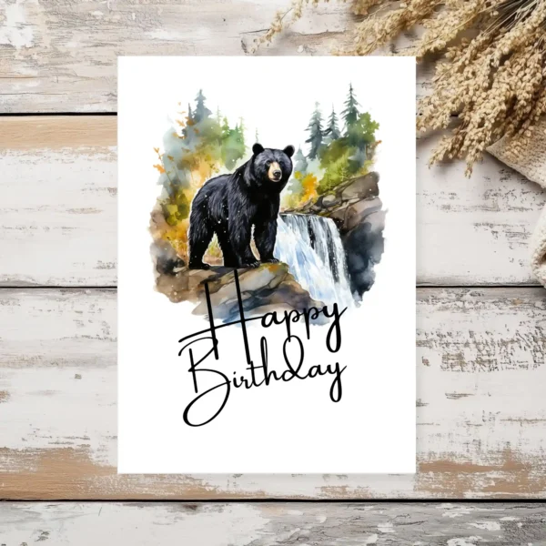 Printable Black Bear Birthday Card in the forest with waterfall.