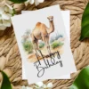Joyful birthday card featuring a camel in a watercolor style, surrounded by nature and a "Happy Birthday" note.
