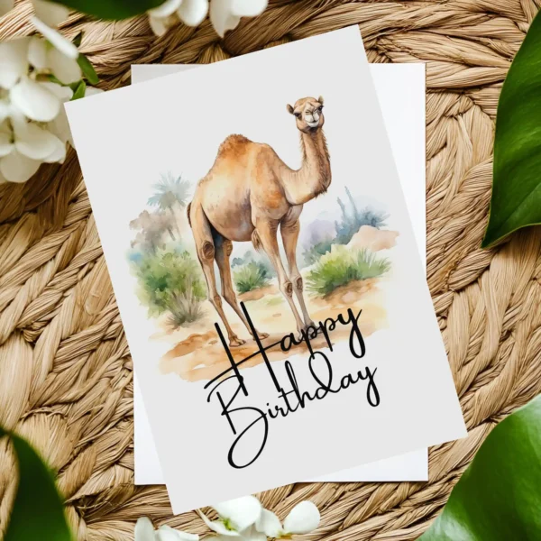 Joyful birthday card featuring a camel in a watercolor style, surrounded by nature and a "Happy Birthday" note.