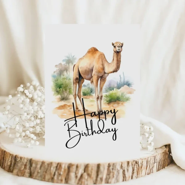 Watercolor birthday card featuring a cheerful camel in a natural setting with a "Happy Birthday" message.
