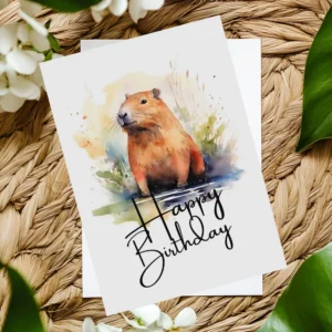 Printable Birthday Card with Capybara and Happy Birthday message.