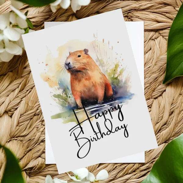 Printable Birthday Card with Capybara and Happy Birthday message.