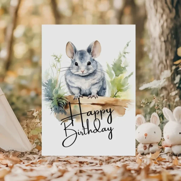 Happy birthday card with a cute chinchilla in a watercolor style, set in nature, featuring a joyful birthday greeting.