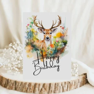 Printable Birthday Card with deer in a summer field and Happy Birthday message.