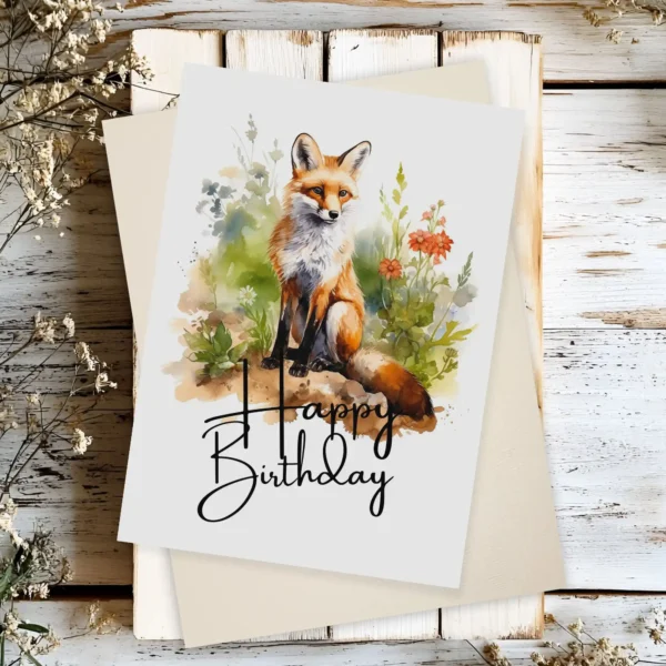 Printable Birthday Card with Red Fox and happy Birthday Message.