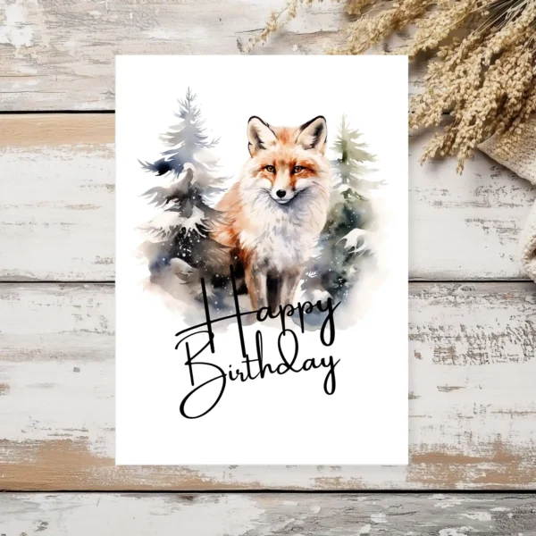 Watercolor birthday card featuring a happy fox in a natural setting with a cheerful "Happy Birthday" message.