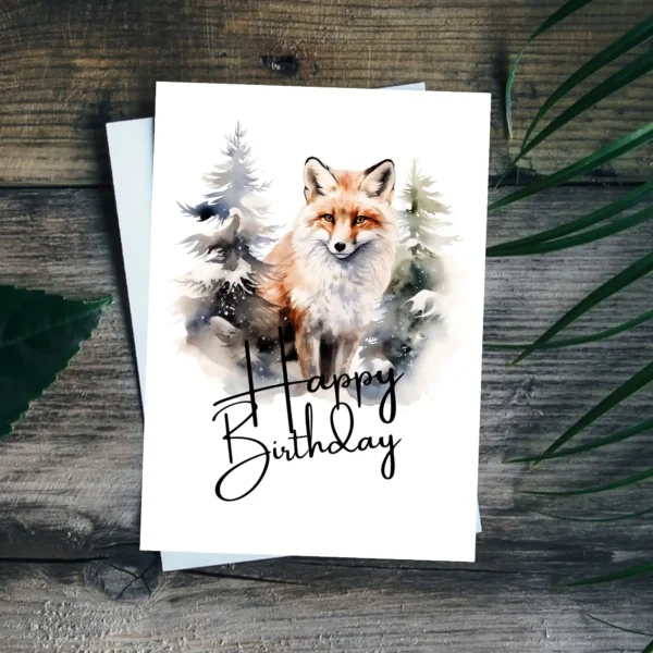 Whimsical watercolor birthday card of a cheerful fox in a winter landscape, showcasing a "Happy Birthday" wish.