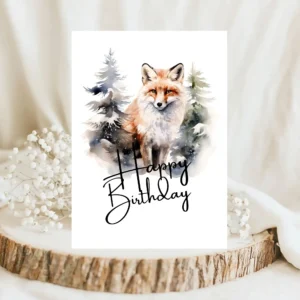 Printable winter fox birthday card with a joyful fox illustration and "Happy Birthday" text in a serene natural backdrop.