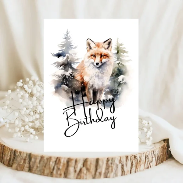 Printable winter fox birthday card with a joyful fox illustration and "Happy Birthday" text in a serene natural backdrop.