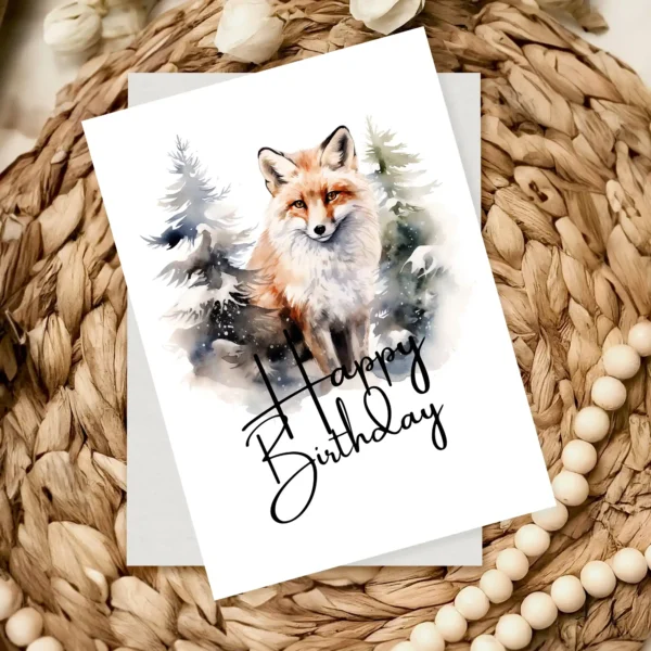 Charming watercolor card showing a happy fox in a winter scene, adorned with a "Happy Birthday" greeting.