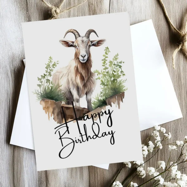 Cheerful goat birthday card in watercolor, showcasing a natural scene with a "Happy Birthday" message.