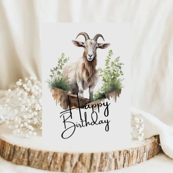 Watercolor goat birthday card depicting a happy goat in nature, complete with a festive "Happy Birthday" text.