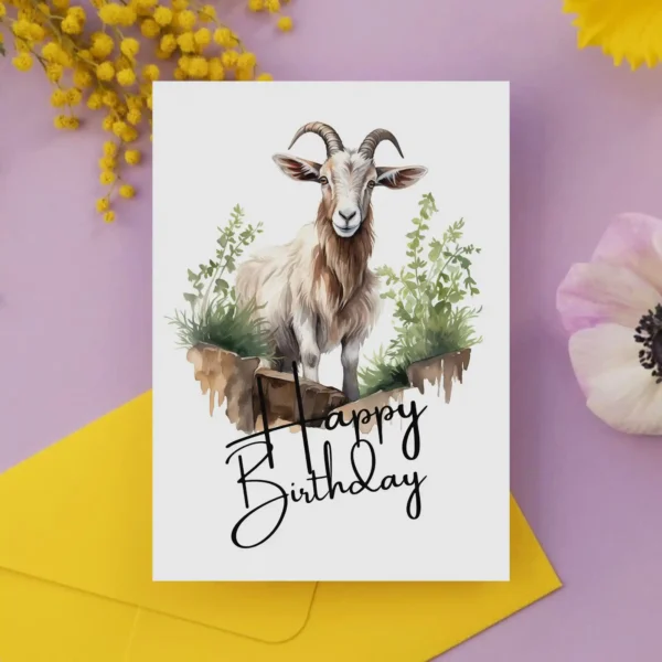 Watercolor goat birthday card in a natural setting with a cheerful "Happy Birthday" message.
