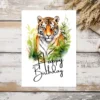 Whimsical watercolor birthday card featuring a smiling tiger, great for a jungle-themed birthday party.