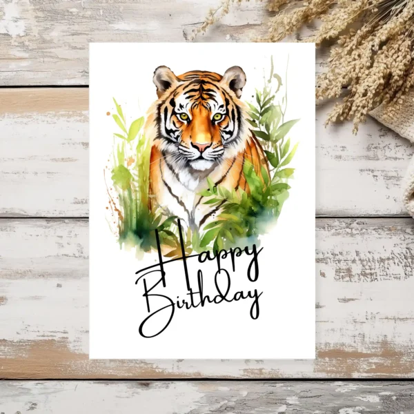 Whimsical watercolor birthday card featuring a smiling tiger, great for a jungle-themed birthday party.