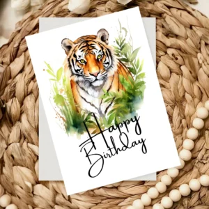 Watercolor birthday card featuring a cheerful tiger, perfect for a jungle-themed birthday celebration.