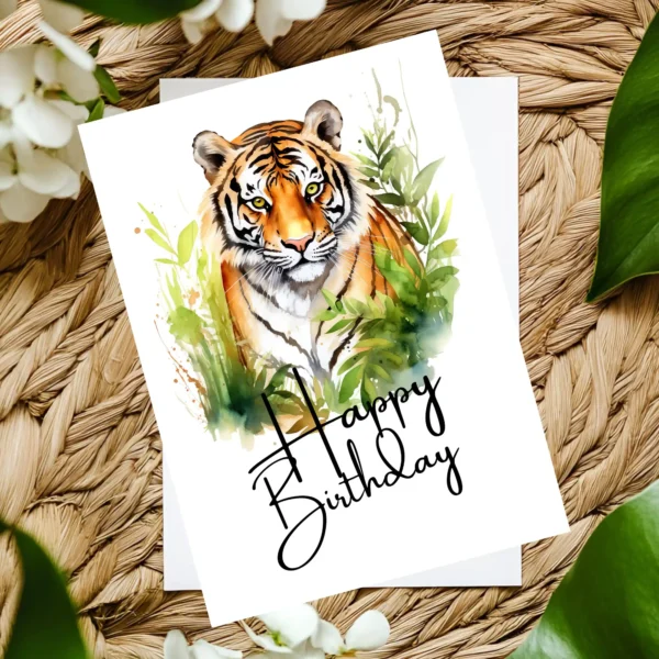 Happy birthday card with a playful tiger illustration in watercolor, ideal for a jungle-themed party.
