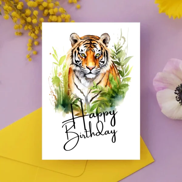 Colorful watercolor card showcasing a joyful tiger, designed for a fun jungle birthday celebration.