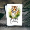 Printable birthday card with a vibrant watercolor tiger, perfect for celebrating a special jungle-themed birthday.
