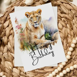 Printable Birthday Card with Lioness and Happy Birthday message.