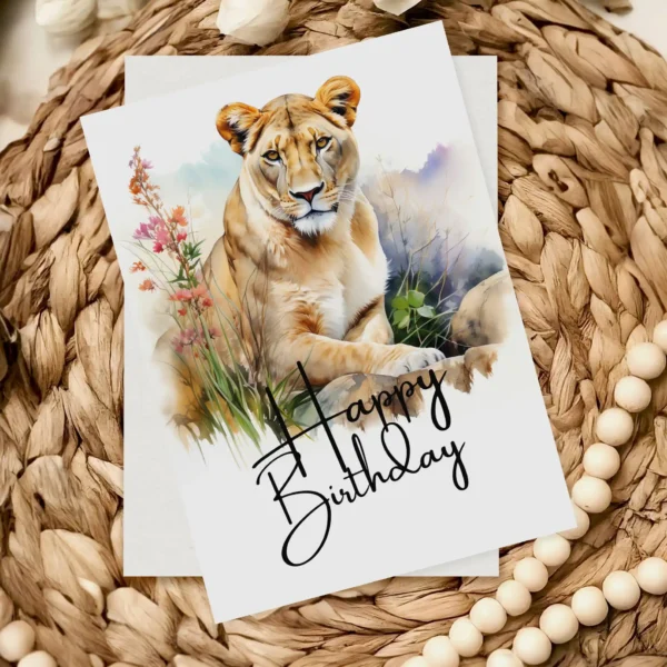 Printable Birthday Card with Lioness and Happy Birthday message.