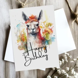 Watercolor birthday card featuring a cheerful llama with a "Happy Birthday" message. Perfect for a fun celebration!