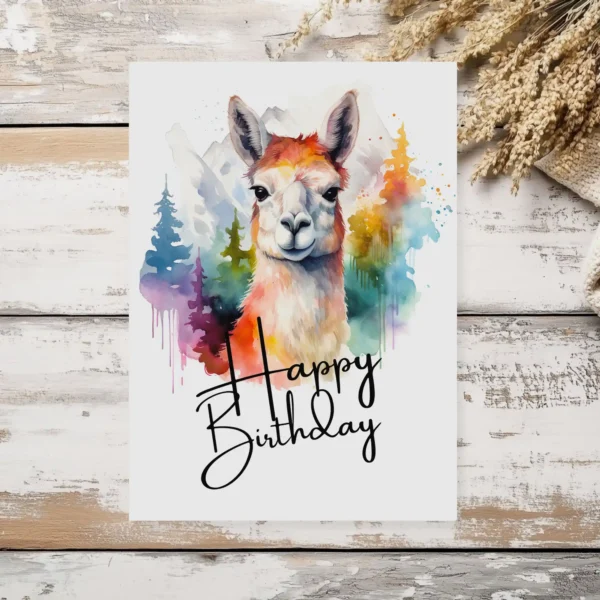 Printable Llama Birthday Card with Happy Birthday message.